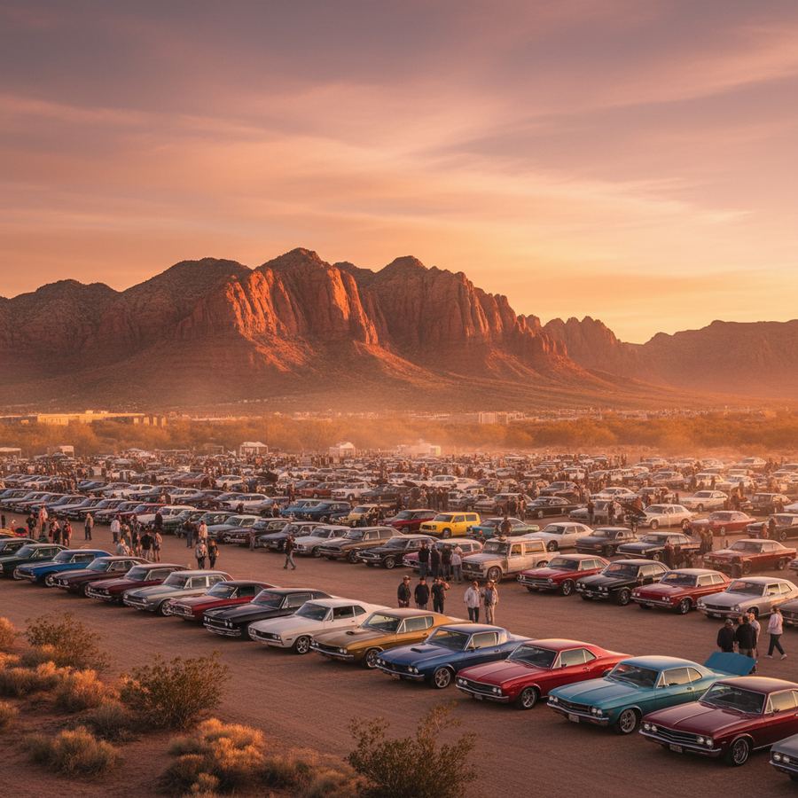 Classic cars lined up at an Arizona car show with desert mountains in the background