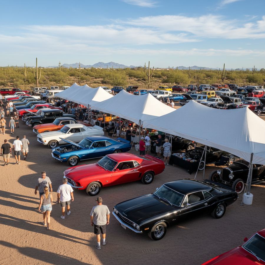 Wide shot of a packed Arizona car show with classic and modern cars on display