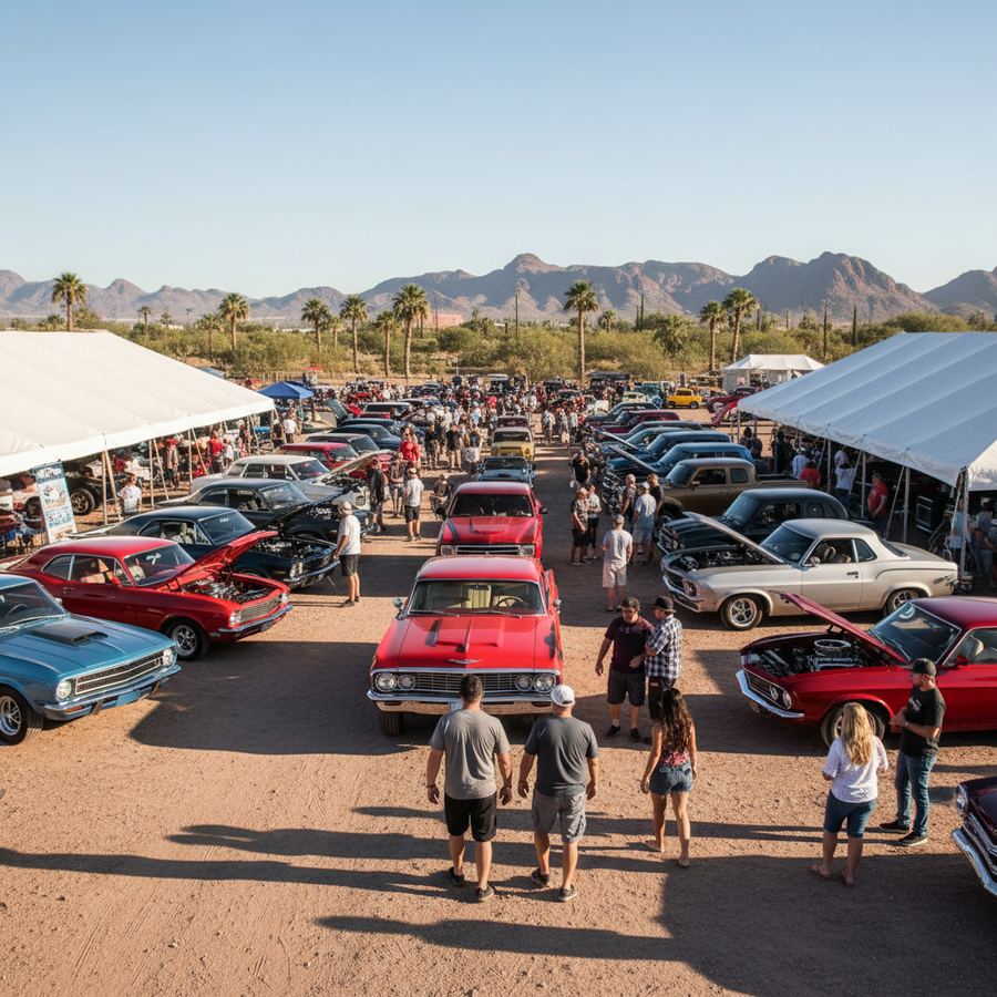 Row of classic cars on display at an outdoor Arizona car show