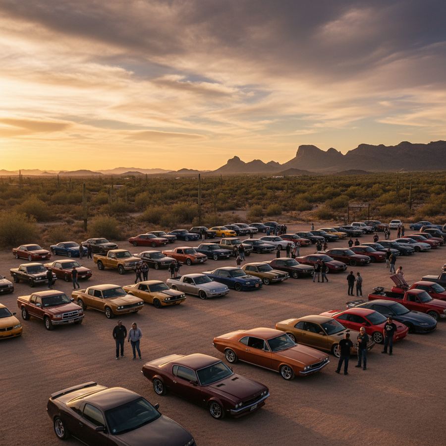 A garage with a project car and parts spread on a workbench in Arizona