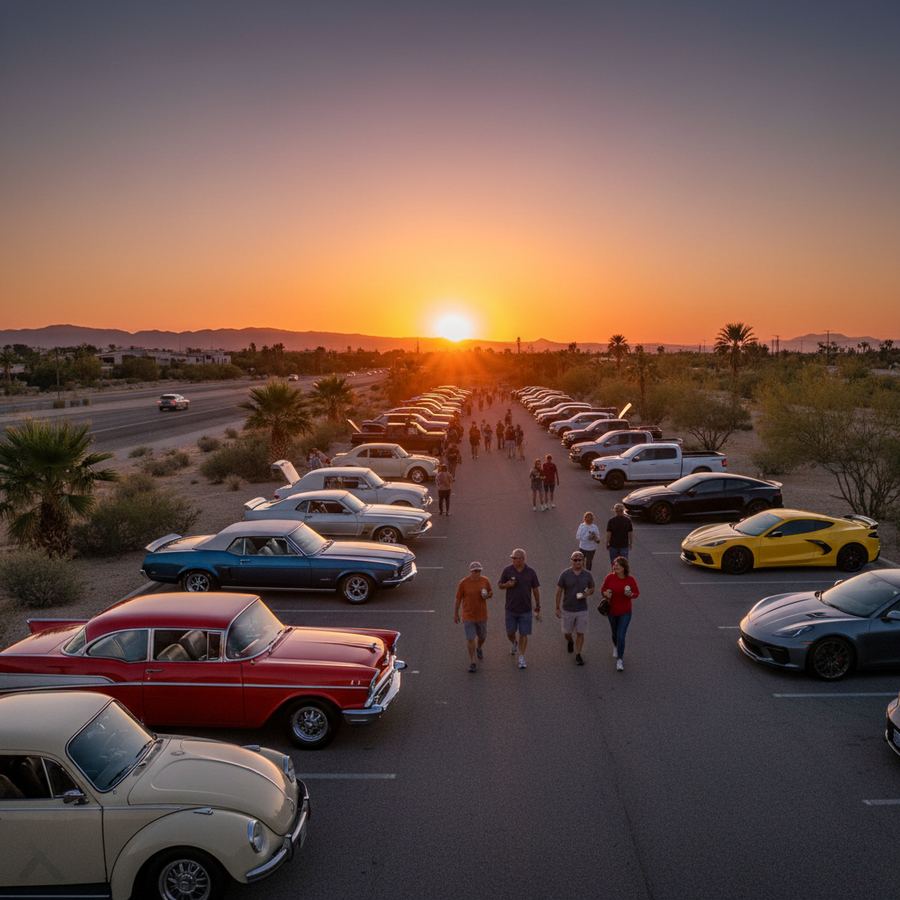 Hot rods and classic cars parked in a row at an Arizona cruise night under string lights