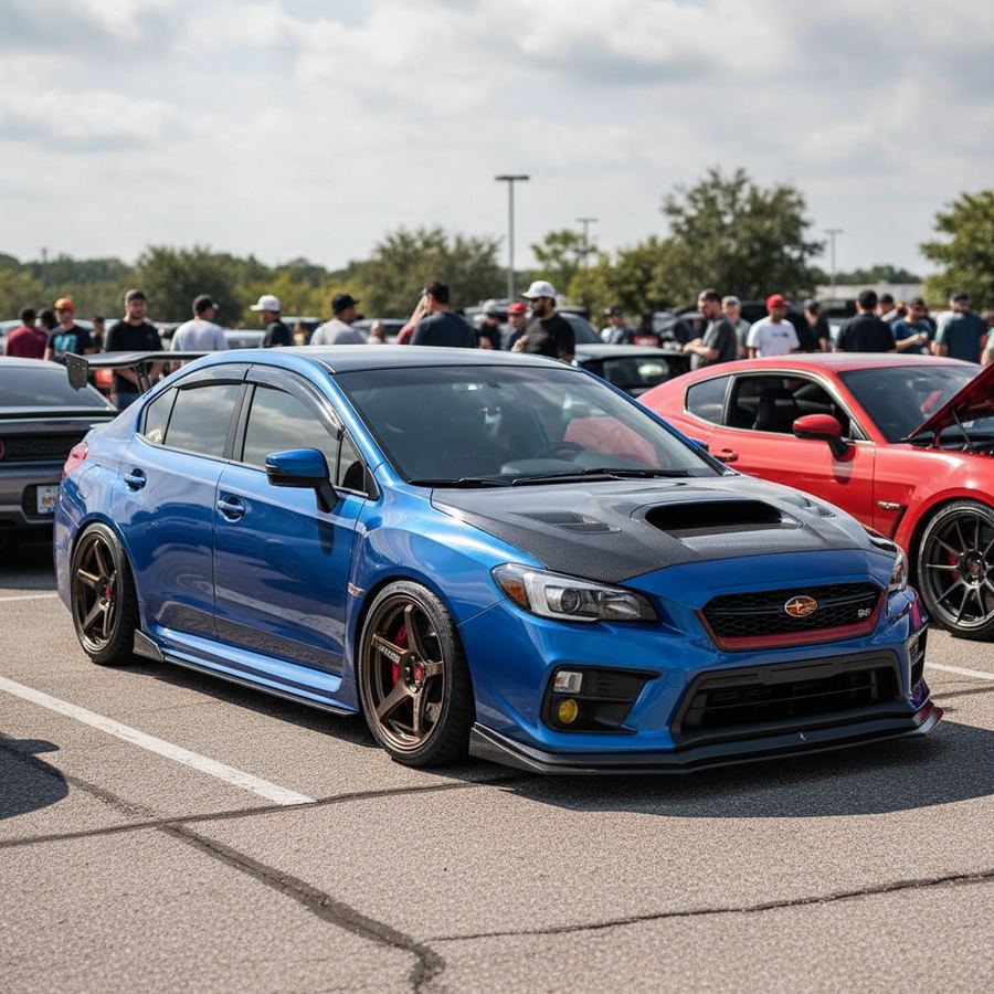 Modified Subaru WRX in World Rally Blue parked at a Tucson car meet