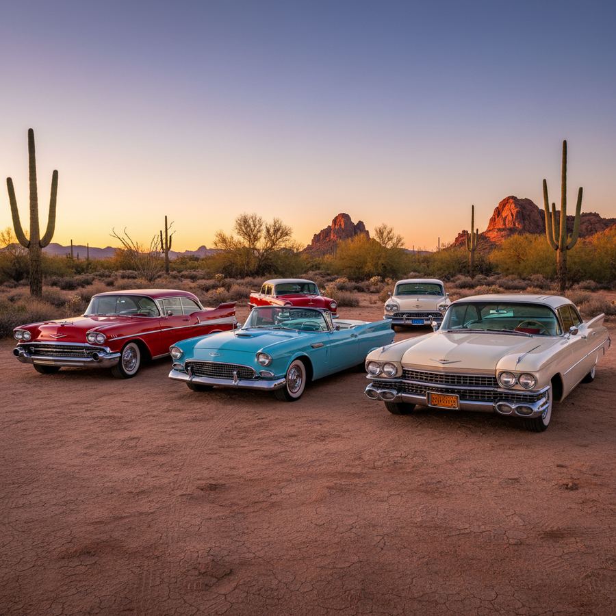 Classic muscle car parked on a desert road with Arizona mountains in the background