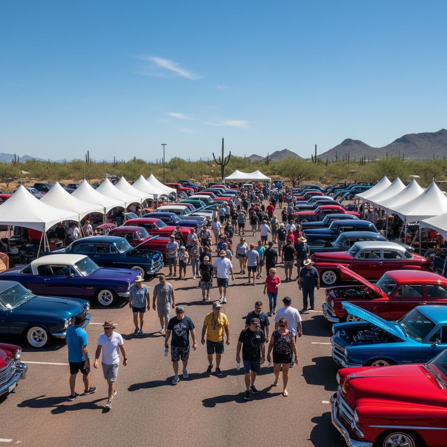 Crowded car show lot in Arizona with rows of classic and modern vehicles on display