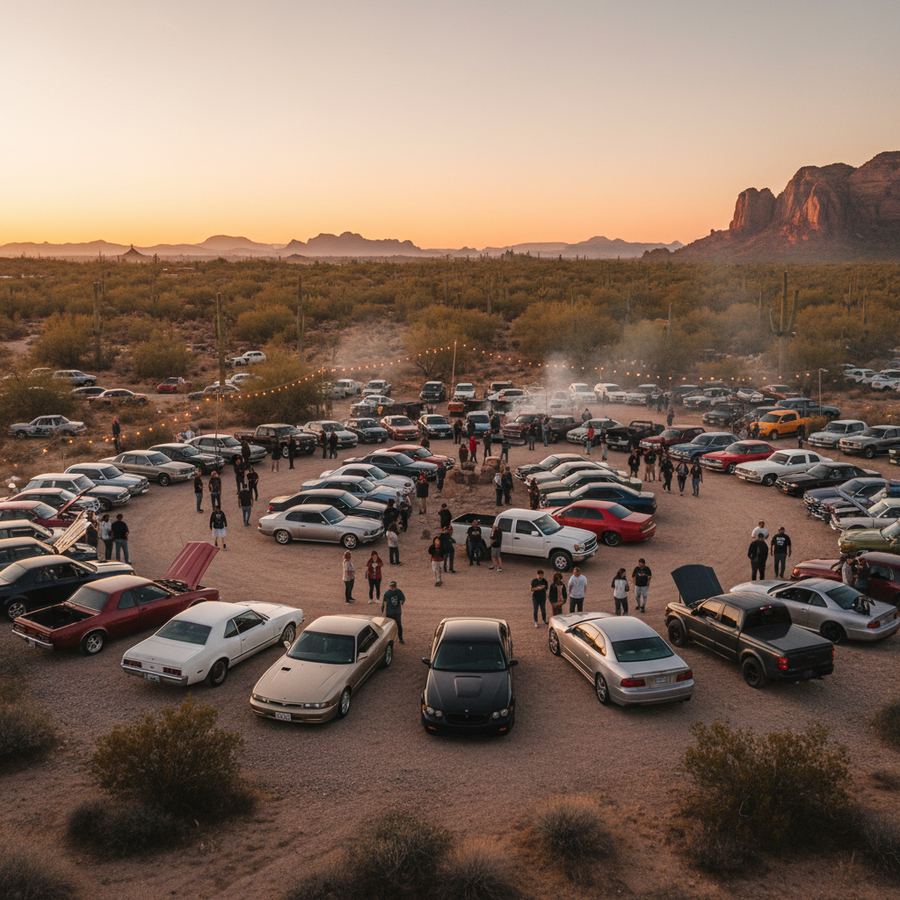 Modified cars gathered at an East Valley parking lot meet in the evening