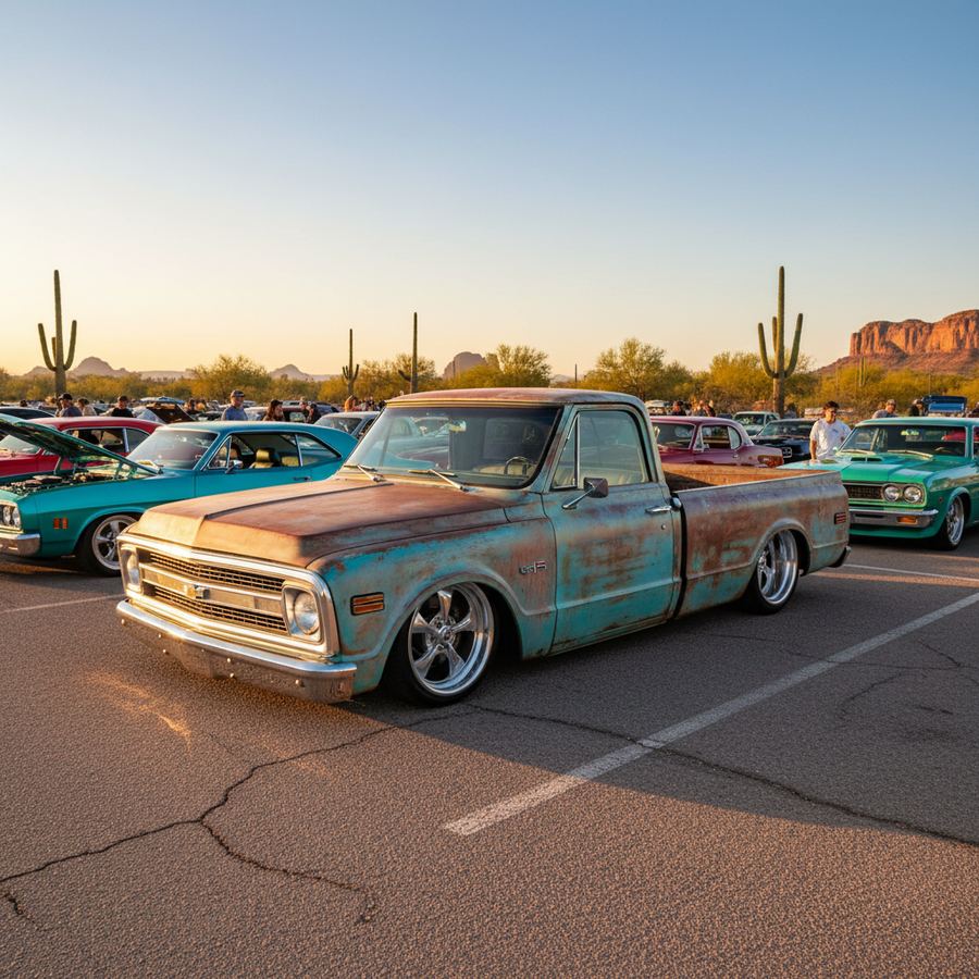 LS-swapped C10 truck on wide wheels in a Phoenix garage