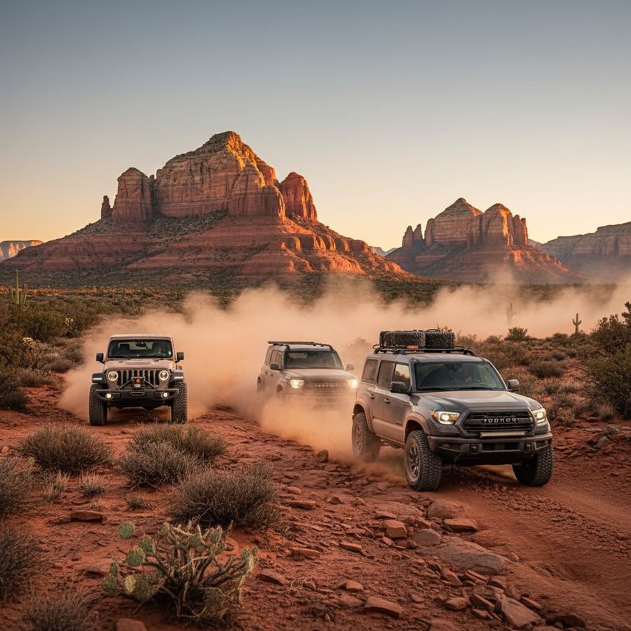 Jeep Wrangler crawling over red rocks on an Arizona off-road trail