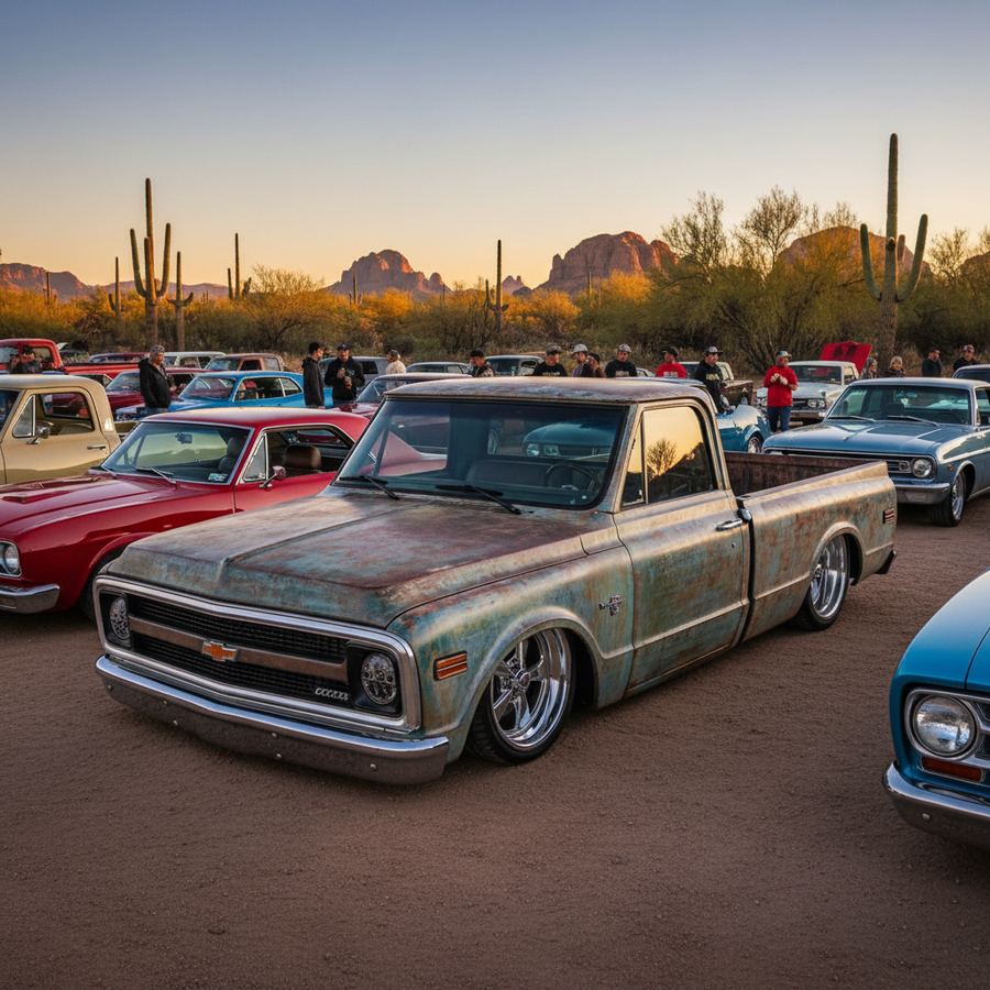 Patina-style Chevy C10 with LS swap parked in front of a Mesa Arizona shop