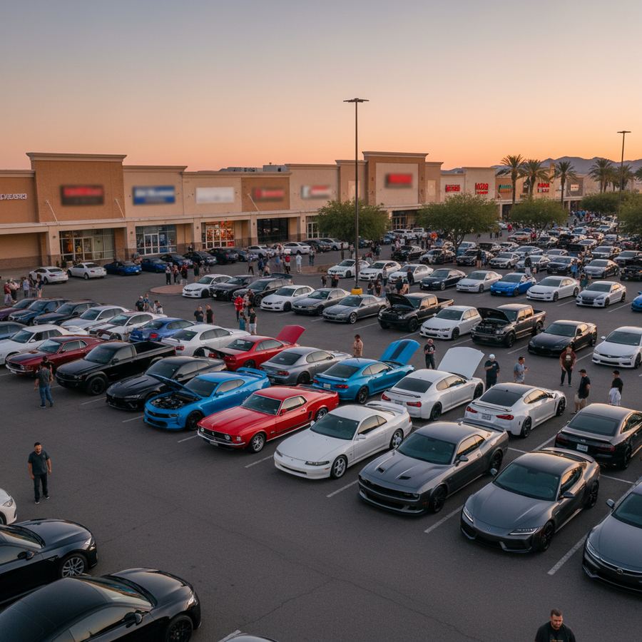 Classic muscle cars lined up at a Mesa, Arizona car show with the Superstition Mountains visible in the distance