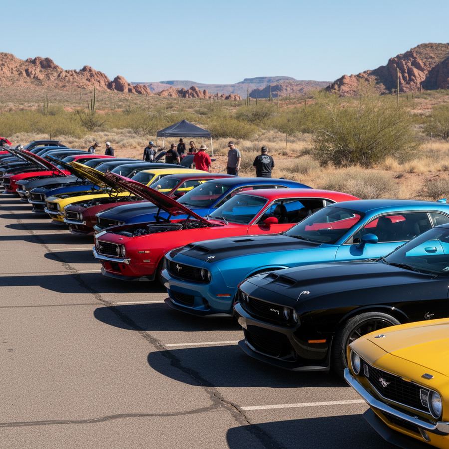 A 1970 Chevelle SS parked at an Arizona car show with desert mountains in the background