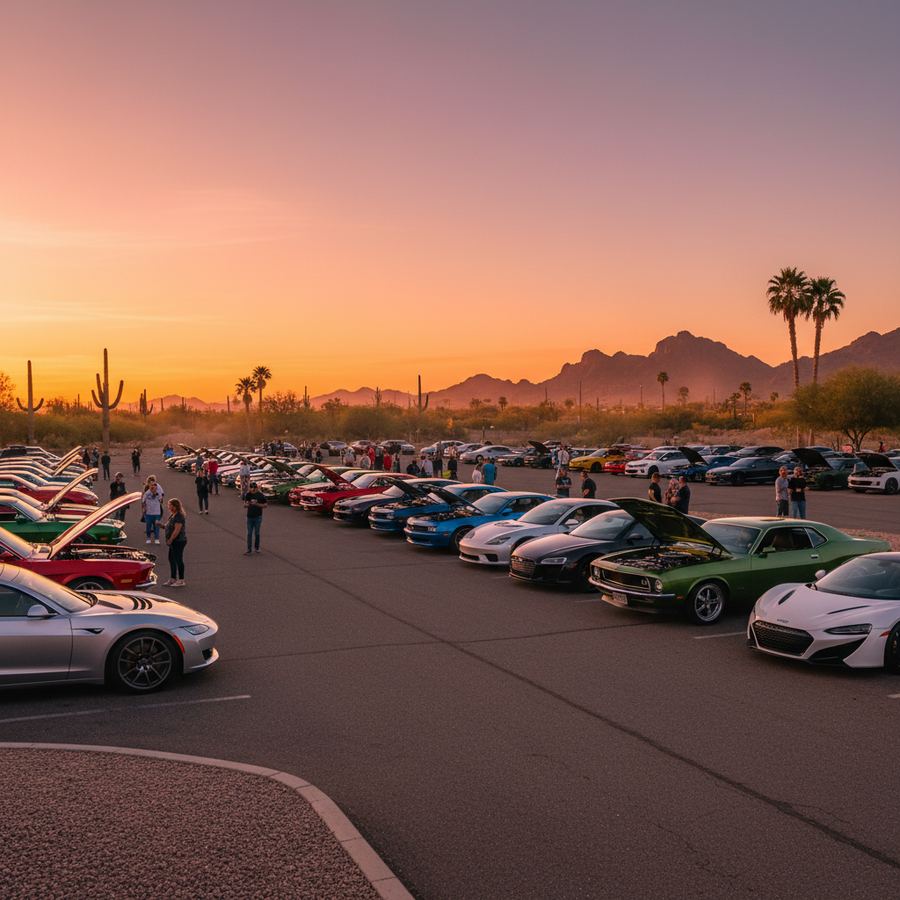 Row of muscle cars parked under lights at a cruise night in the Phoenix area