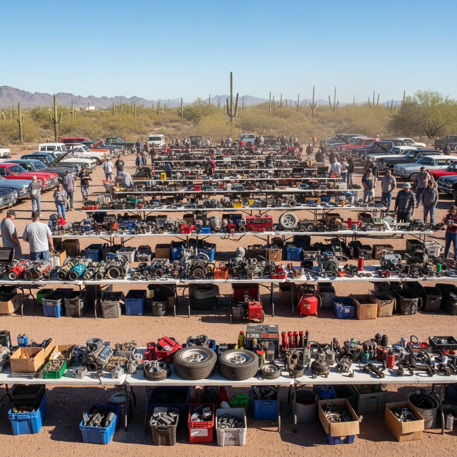 Tables full of car parts and accessories at an Arizona swap meet with shoppers browsing in the morning sun