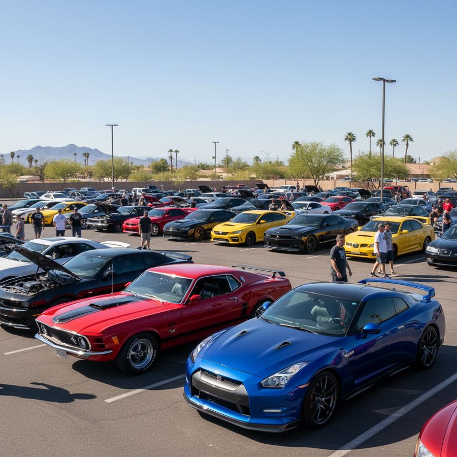 Row of classic cars at a Phoenix car show with palm trees and desert mountains in the background