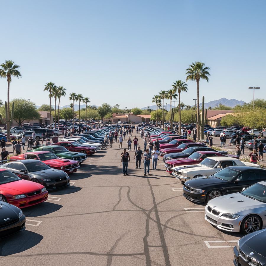 Rows of muscle cars at a spring car show in Phoenix