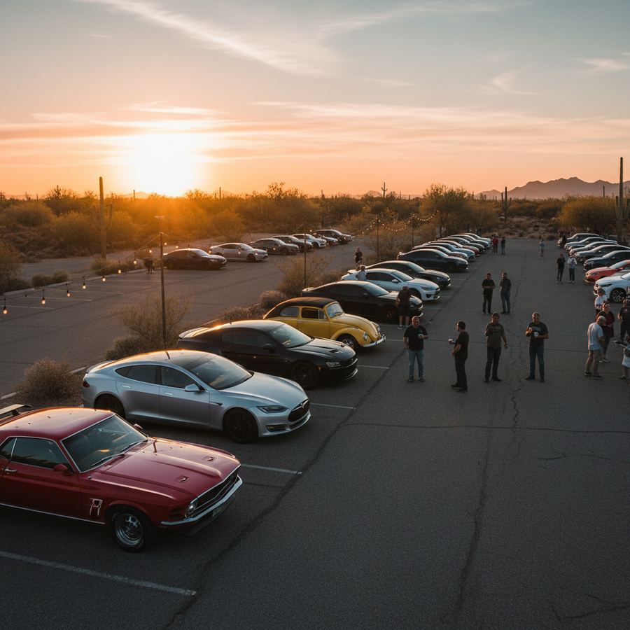 Classic cars lined up under parking lot lights at a Phoenix cruise night