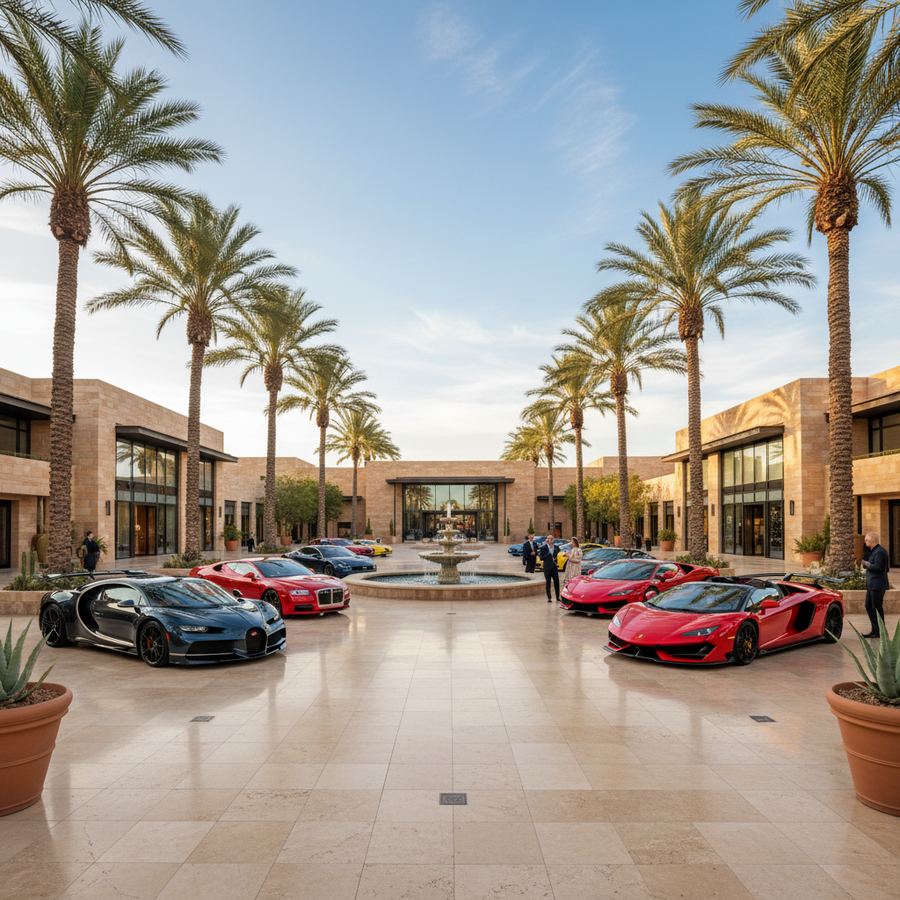 Exotic sports cars parked along a Scottsdale street during an evening automotive gathering
