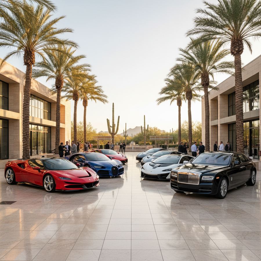 Exotic and classic cars parked along a Scottsdale street during Car Week