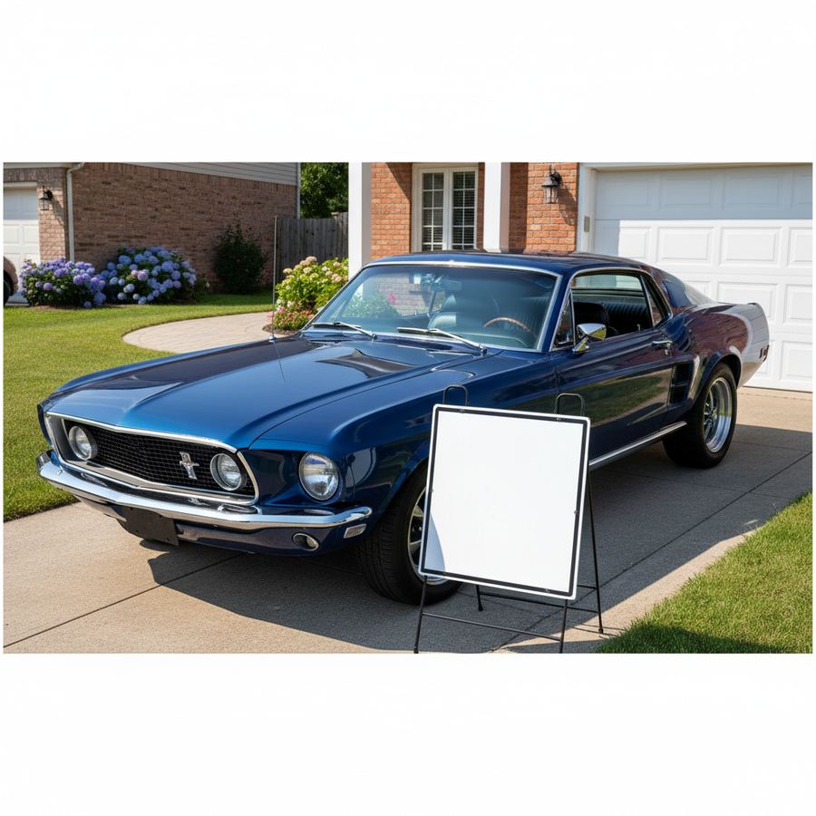 A clean car photographed for sale in an Arizona driveway with clear desert sky in the background
