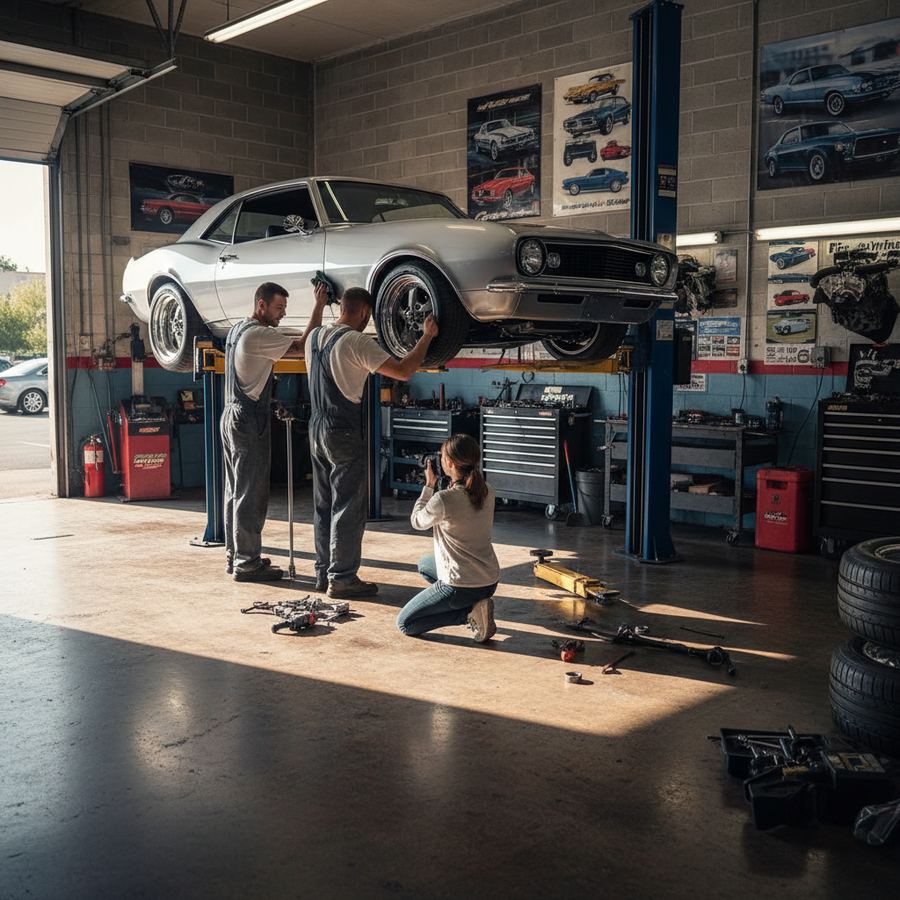 Car owner polishing the hood of a classic Mustang in a Phoenix garage before a car show