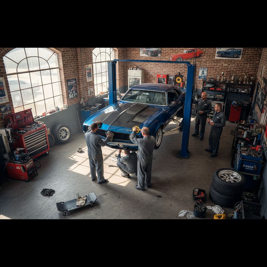 Independent auto shop in Arizona with a classic car on the lift during show season prep