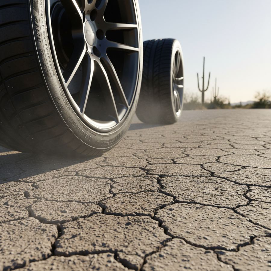 Close-up of a tire on hot asphalt with heat shimmer visible in the Arizona desert