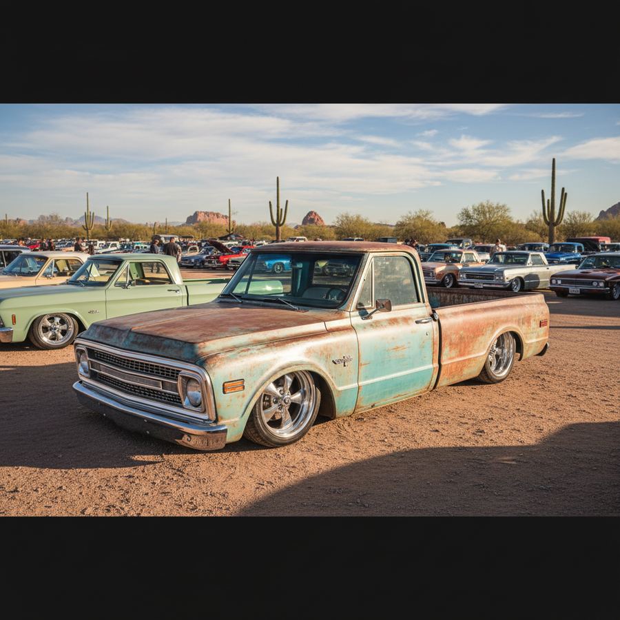 Lifted truck and Jeep parked on Arizona desert terrain
