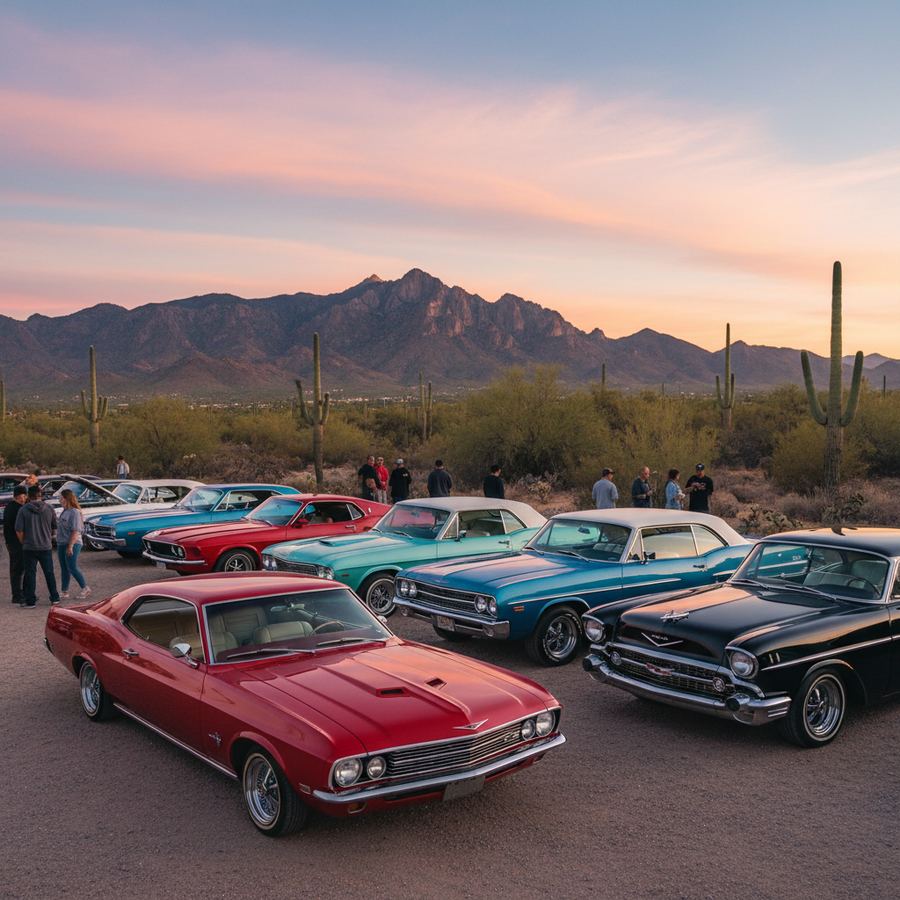 Lowriders and classic cars on display at a Tucson car show with the Santa Catalina Mountains in the background